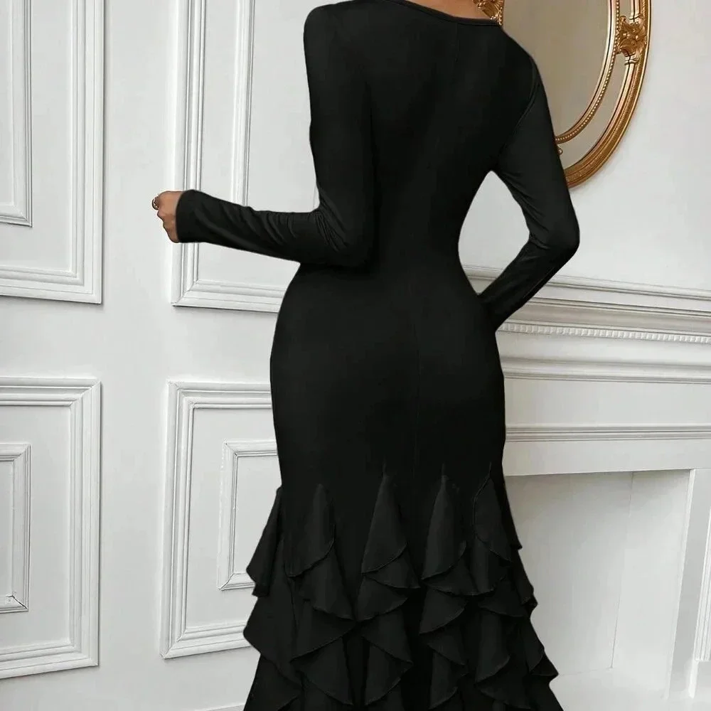 Black Elegant Women's Ruffle Hem Long Sleeve Long Bodycon Dress